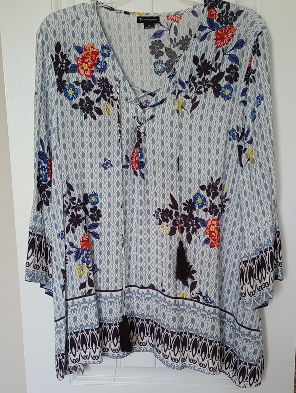 New Directions Light Blue Floral Lace Up Peasant Blouse Tunic XL